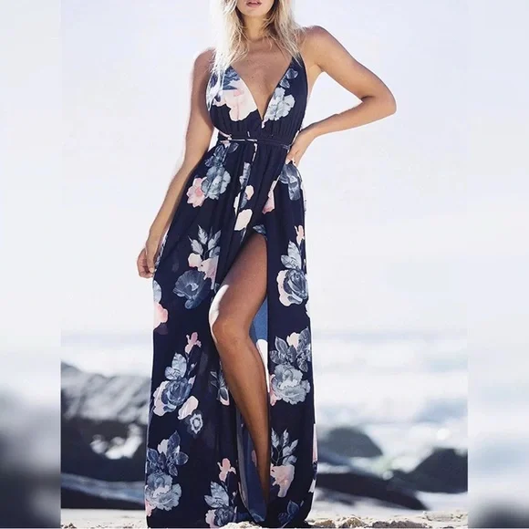 SIMPLEE Women Backless V Neck Floral Split Maxi Dress, Size M boho beach stretch - Picture 1 of 9